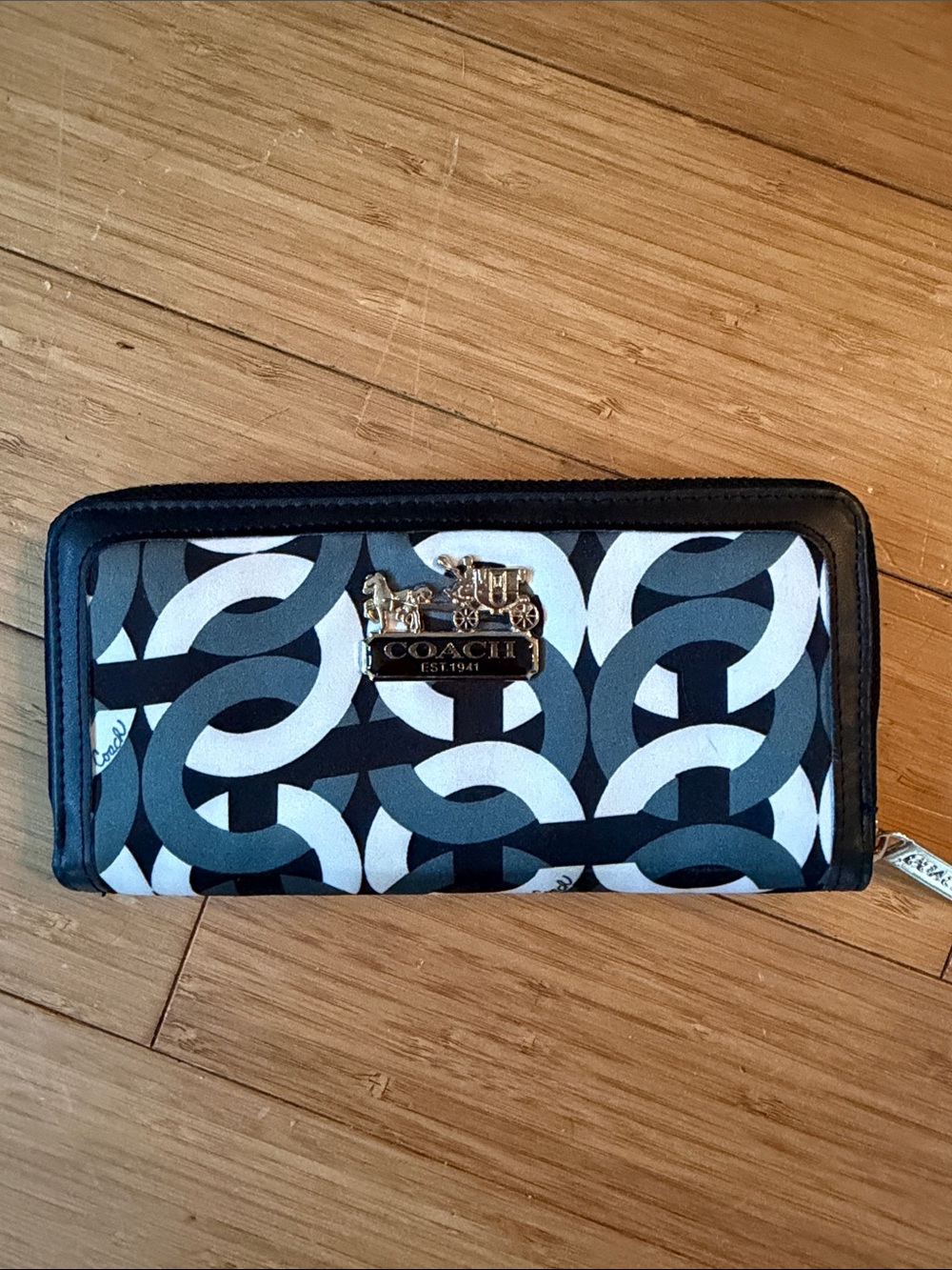 Coach Black, White & Green Interlocking Print Zip Wallet